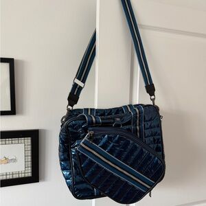 THINK ROYLN Shiny Navy Quilted Tote with Striped Strap